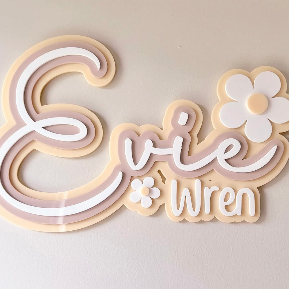 Name Plaque with Two Names and Daisies, Triple Layer - Floral Collection