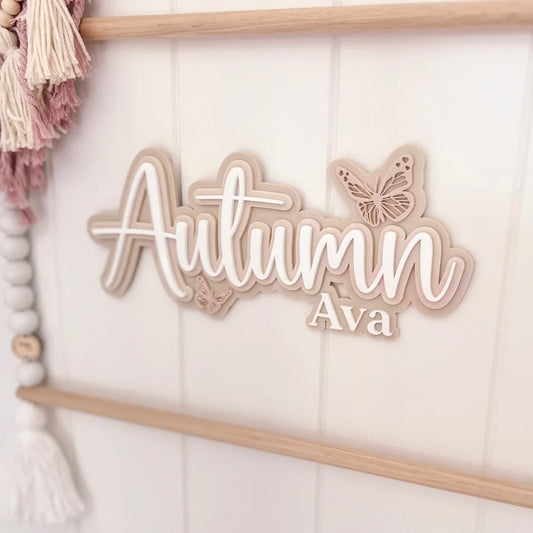 Name Plaque with Two Names and Butterflies, Triple Layer - Butterfly Collection