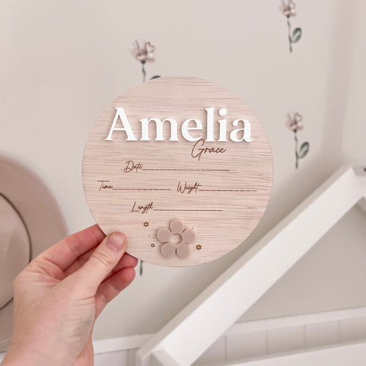 Baby Announcement Plaque with Birth Details, Daisy - Floral Collection