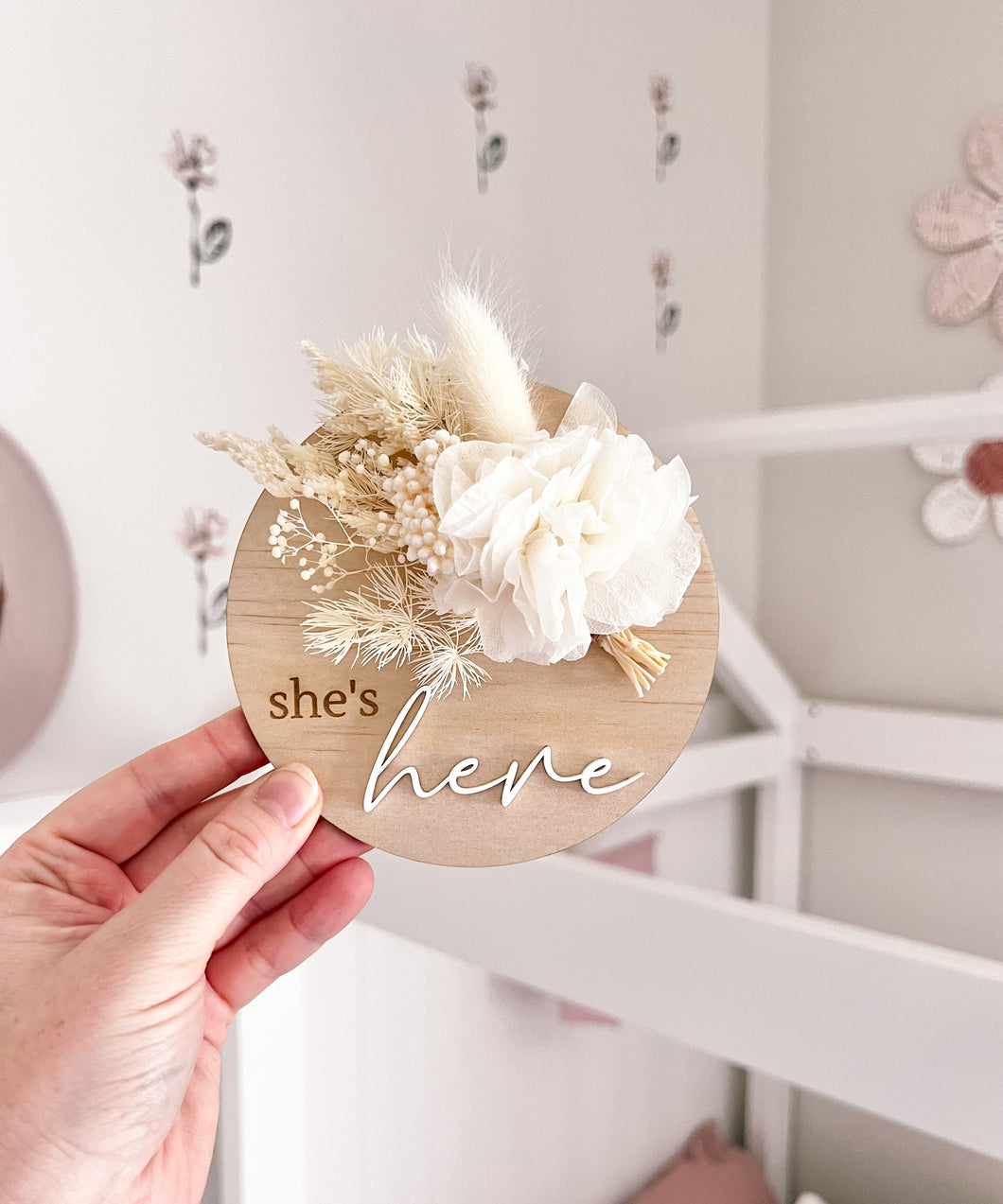 She’s here Posy Plaque - White